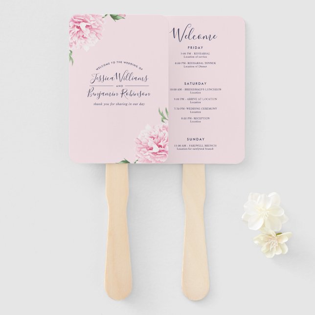 Elegant Pink Modern Welcome Itinerary Hand Fan (Front and Back)