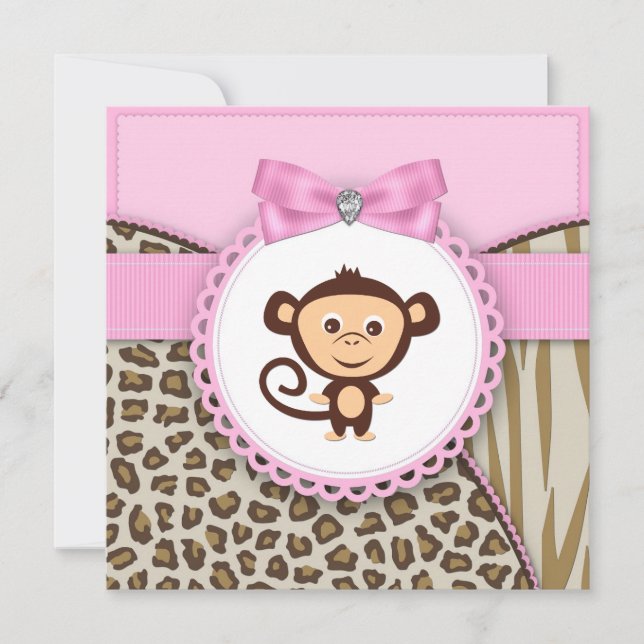 Elegant Pink Monkey Baby Girl Shower Invitation (Front)
