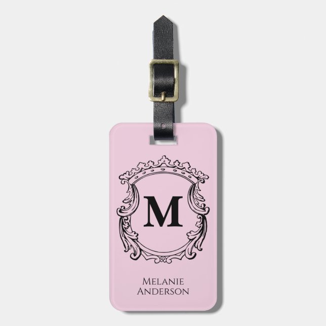 Elegant Pink Monogram Crest  Luggage Tag (Front Vertical)
