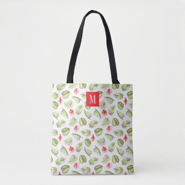 Elegant Pink Monogram green Palm Leaves Tote Bag (Front)