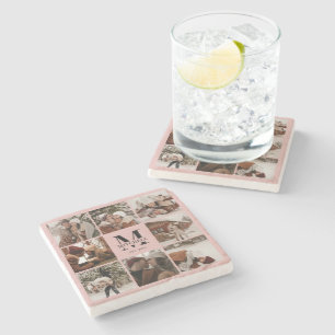 Elegant Pink Monogram Initial Family Name & Photo Stone Coaster