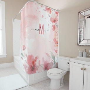 Elegant Pink Monogram Modern Script Bridal Wedding Shower Curtain