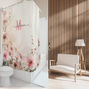 Elegant Pink Monogram Modern Script Wedding Custom Shower Curtain