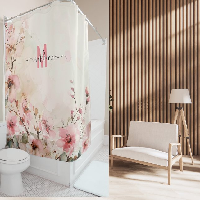 Elegant Pink Monogram Modern Script Wedding Custom Shower Curtain (Creator Uploaded)