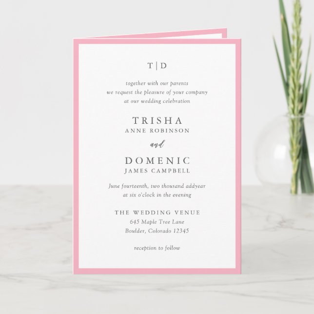 Elegant Pink Monogram Modern Wedding Invitation (Front)