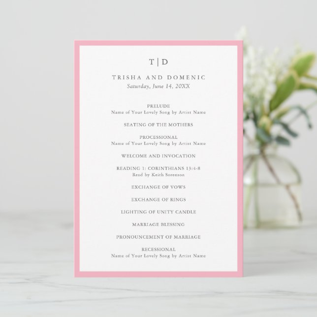Elegant Pink Monogram Modern Wedding Programme (Standing Front)