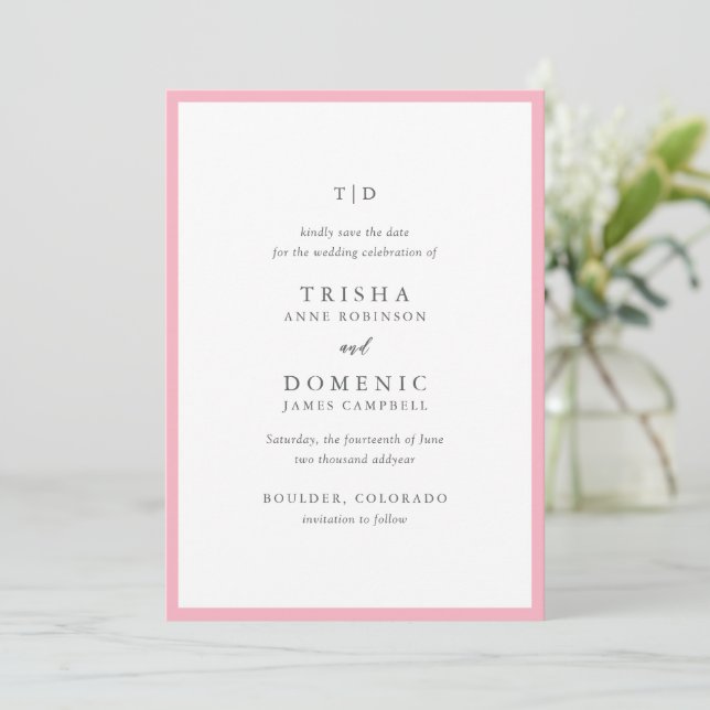 Elegant Pink Monogram Modern Wedding Save The Date (Standing Front)