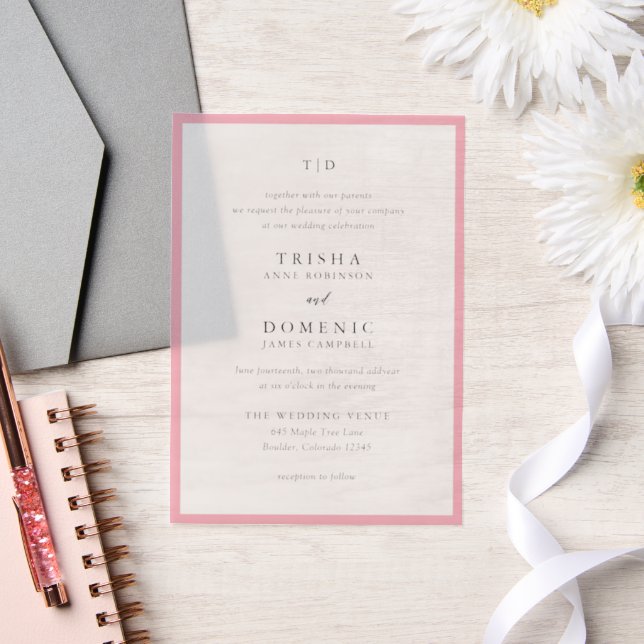 Elegant Pink Monogram Modern Wedding Vellum Invitations (Wedding)