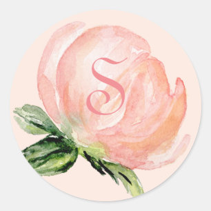 Elegant Pink Monogram Peach Floral Watercolor Classic Round Sticker