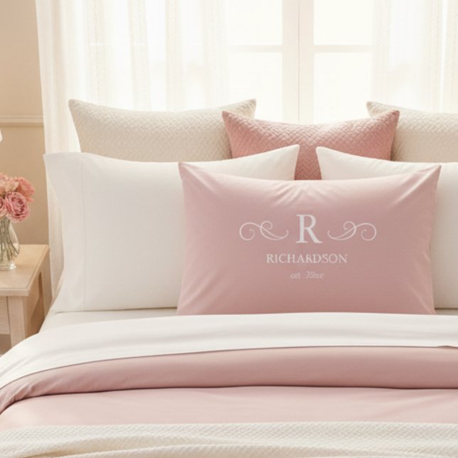 Elegant Pink Monogram Pillowcase (elegant pink custom monogram and est date pillowcase. great gift for newlyweds or housewarmings)