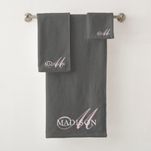 Elegant Pink Monogram Script Initial Name Grey Bath Towel Set