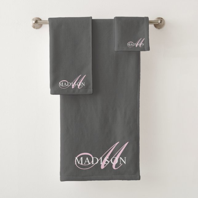 Elegant Pink Monogram Script Initial Name Grey Bath Towel Set (Insitu)