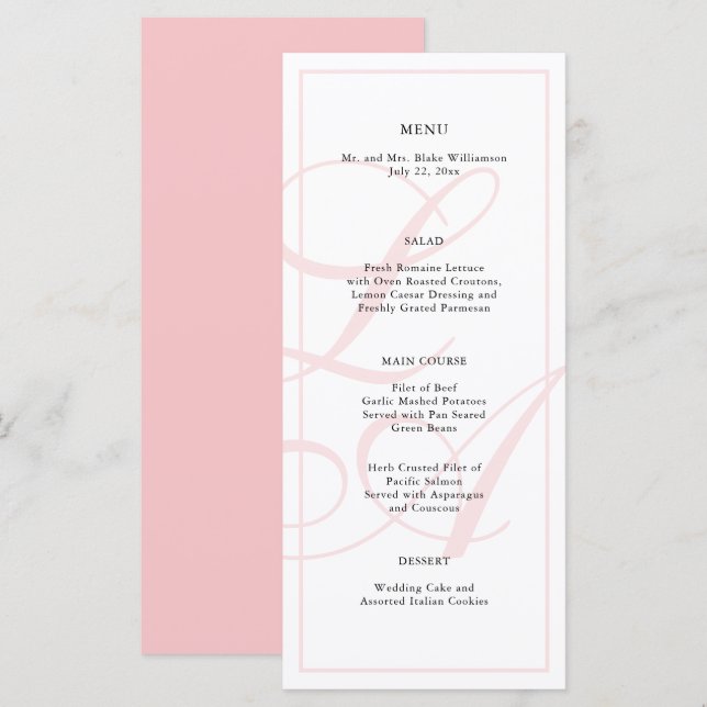 Elegant Pink Monogram Wedding Menu (Front/Back)