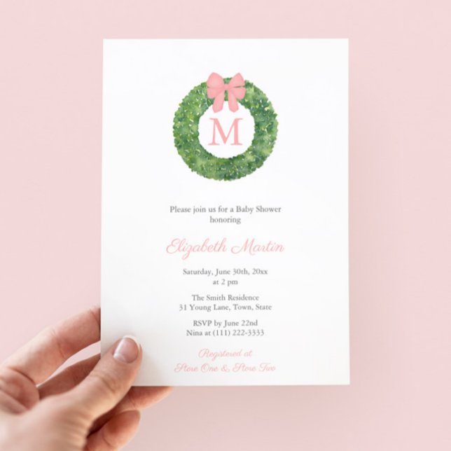 Elegant Pink Monogram Wreath Baby Girl Shower Invitation (Preppy Hand Painted Boxwood Wreath With Pink Bow Monogram Baby Shower Invitation For Girl)
