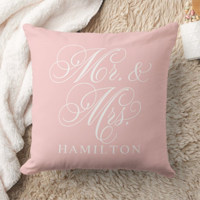 Elegant Pink Mr and Mrs Script Wedding Cushion (Blanket)