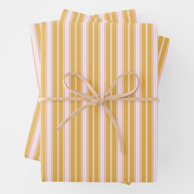 Elegant Pink Mustard Yellow French Ticking Stripes Wrapping Paper Sheet (In situ)