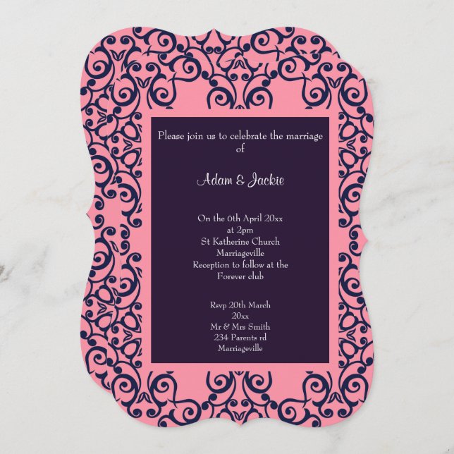 Elegant Pink Navy Abstract Pattern WEDDING Invitation (Front/Back)