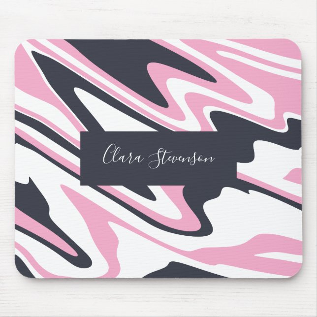 Elegant pink, navy blue and white marble look mouse mat (Front)