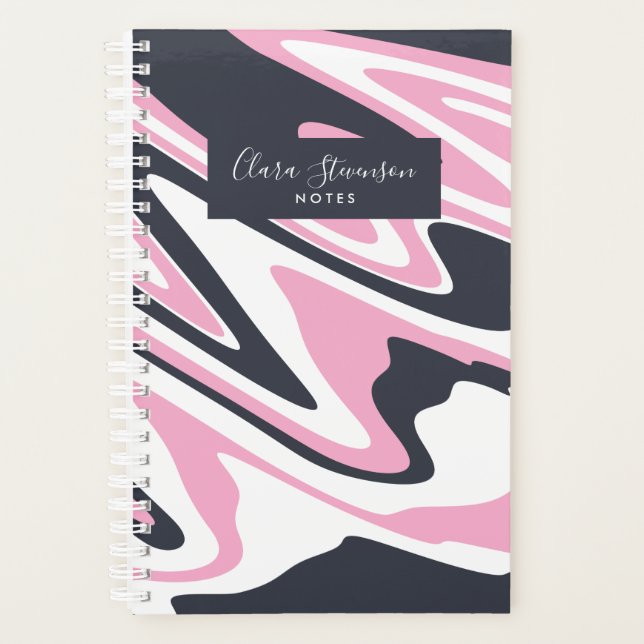 Elegant pink, navy blue and white marble look planner (Front)