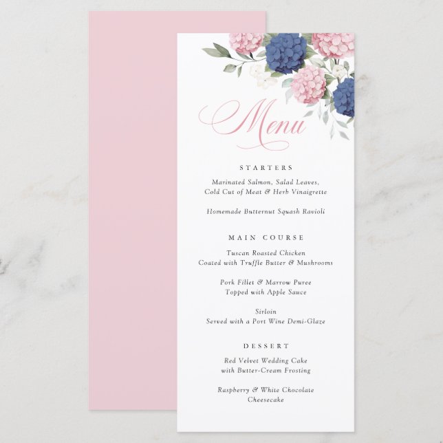Elegant Pink & Navy Blue Hydrangea Wedding Menu (Front/Back)