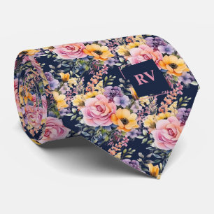 Elegant Pink Navy Blue Watercolor Flowers Tie