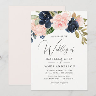 Elegant Pink Navy Floral Foliage Wedding Invitation