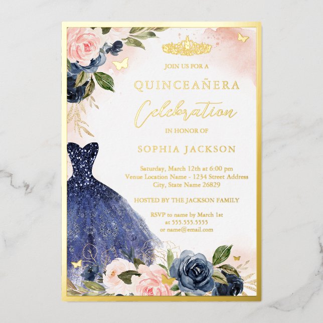 Elegant Pink Navy Floral Tiara Dress Quinceanera (Front)