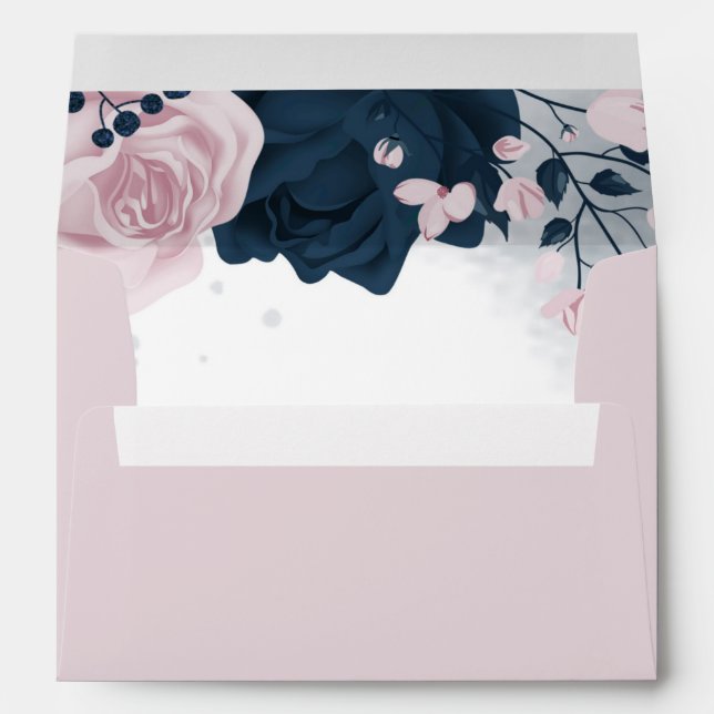 elegant pink & navy flowers soft pink wedding  envelope (Back (Bottom))