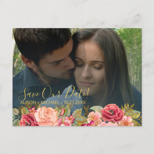 Elegant pink navy gold photo wedding save date announcement postcard (Front)