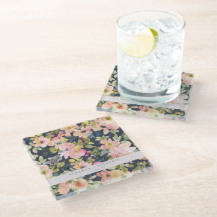 Elegant Pink Navy Watercolor Floral Custom Wedding Glass Coaster