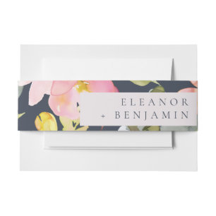 Elegant Pink Navy Watercolor Floral Custom Wedding Invitation Belly Band
