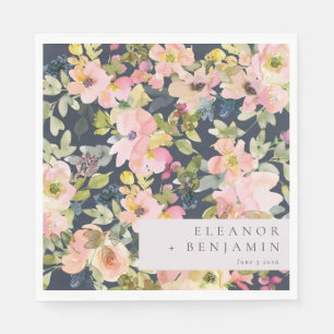 Elegant Pink Navy Watercolor Floral Custom Wedding Napkin