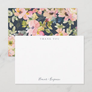 Elegant Pink Navy Watercolor Floral Wedding Names Thank You Card