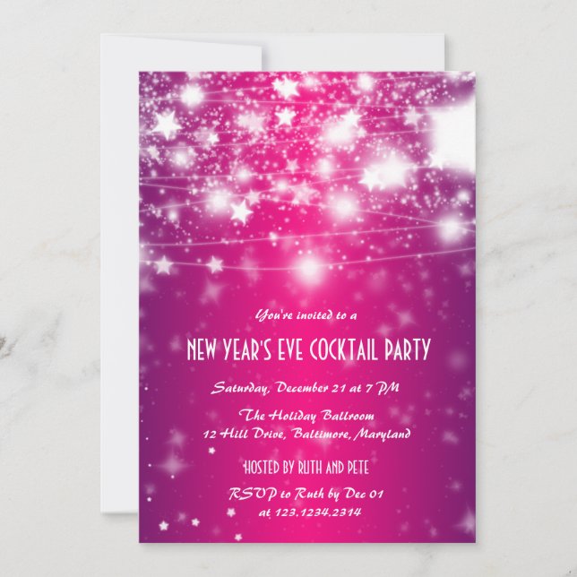 Elegant Pink New Year's Eve Party Shining Stars Invitation (Front)