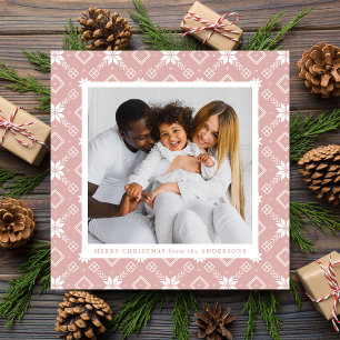 Elegant Pink Nordic Snowflake Pattern Photo Holiday Card