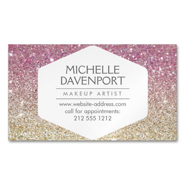 Elegant Pink Ombre Glitter Magnetic Business Card (Front)