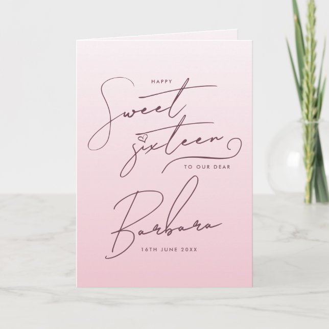 Elegant Pink Ombre Script Sweet Sixteen Birthday Card (Front)