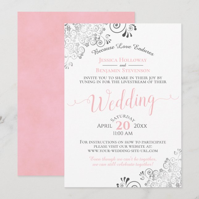 Elegant Pink on White Wedding Livestream Invitation (Front/Back)