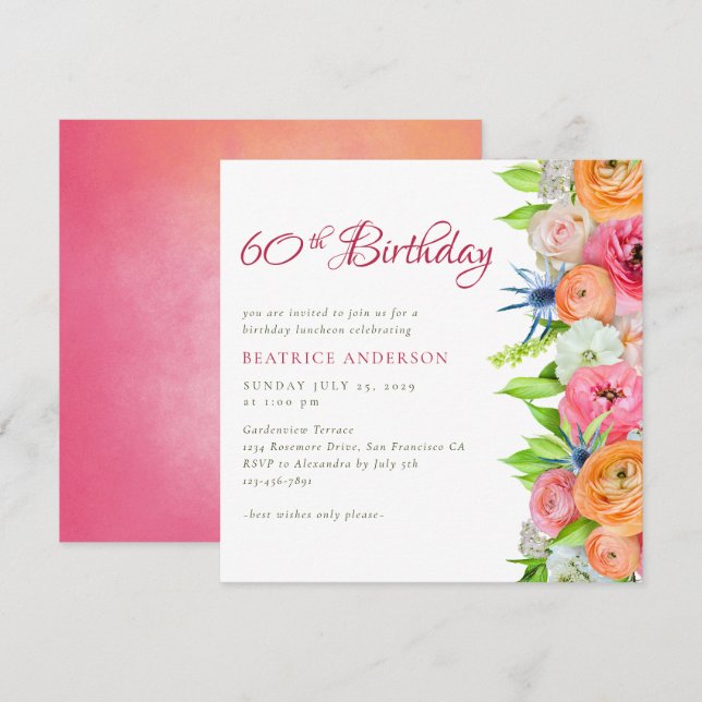 Elegant Pink Orange Floral 60th Birthday  Invitation (Front/Back)