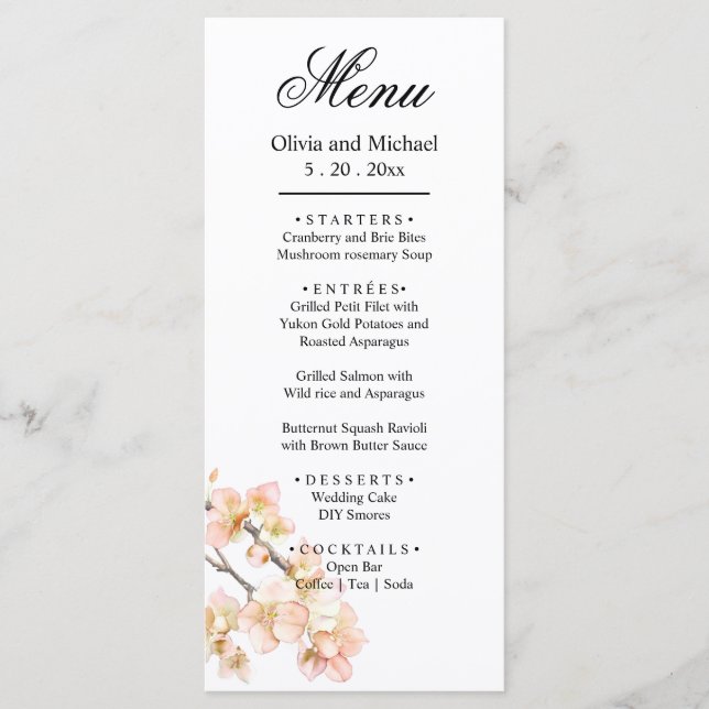 Elegant pink Orange floral blossoms elegant script Menu (Front)