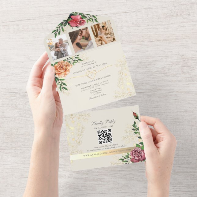 Elegant Pink Orange Floral Wedding  All In One Invitation (Tearaway)