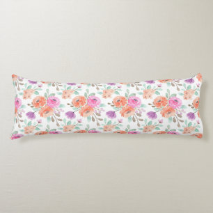 Elegant Pink Orange Purple Watercolor Floral White Body Cushion