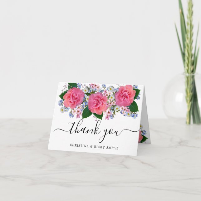 Elegant Pink Orange Rose Bouquet Flowers Wedding T Thank You Card (Front)
