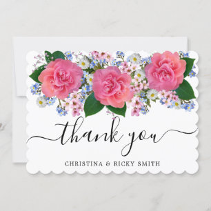 Elegant Pink Orange Rose Bouquet Flowers Wedding Thank You Card