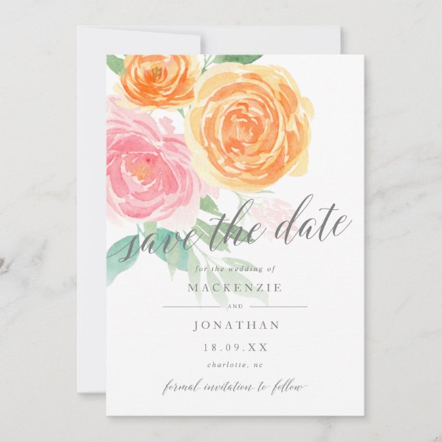 Elegant Pink & Orange Roses Photo Wedding Save The Date (Front)