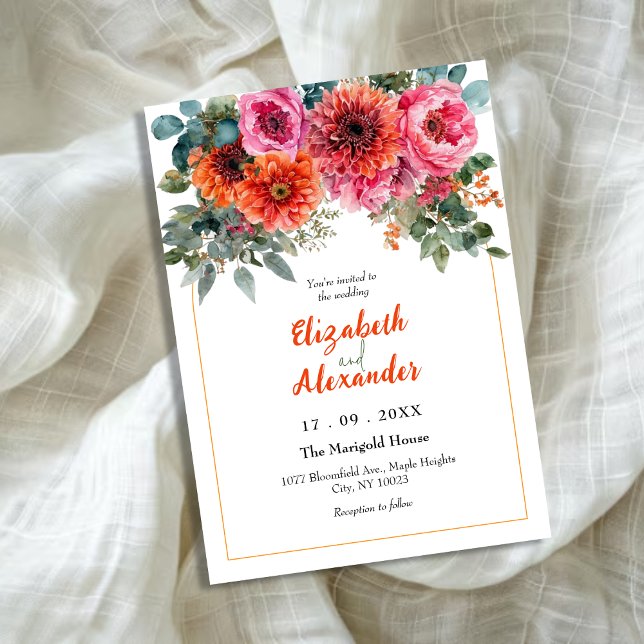 Elegant Pink Orange Watercolor Floral Wedding Invitation (Creator Uploaded)