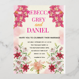 Elegant Pink Orchid and Lily Floral Invitation 
