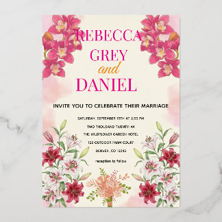 Elegant Pink Orchid and Lily Floral Invitation 