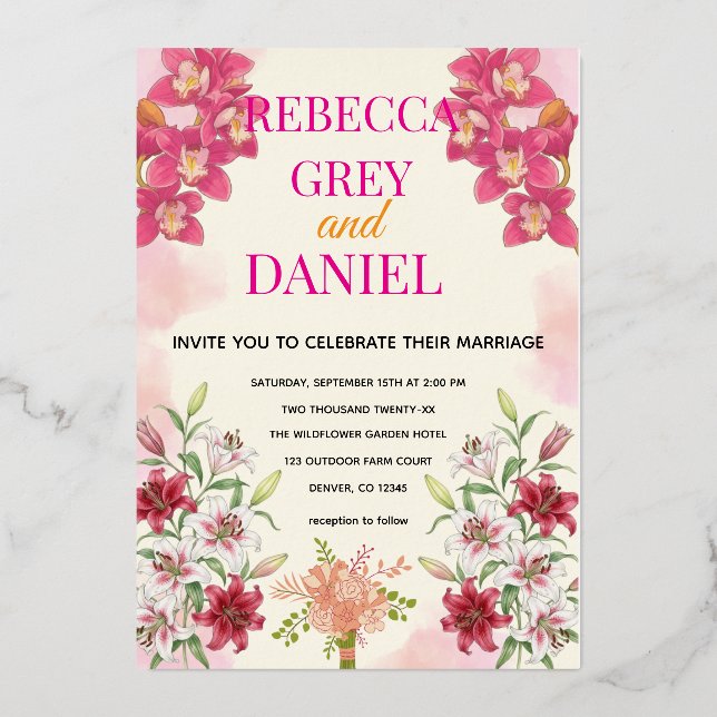 Elegant Pink Orchid and Lily Floral Invitation  (Front)
