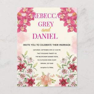Elegant Pink Orchid and Lily Floral Invitation Postcard